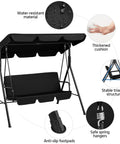 3-Seat Patio Swing Chair with adjustable canopy and removable cushions, showing water-resistant material and stable steel frame