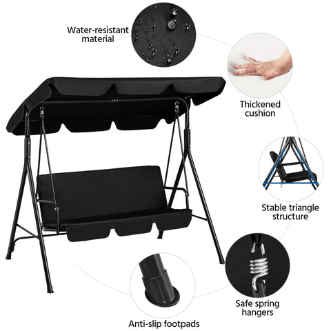 3-Seat Patio Swing Chair with adjustable canopy and removable cushions, showing water-resistant material and stable steel frame