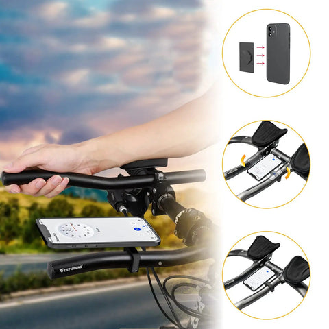 All In One Bike Computer Mount With GoPro Adapter For Edge Series And Other GPS Units, black handlebar mount in use with phone