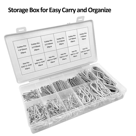 250 Piece Cotter Pin Hairpin R Clips Assortment Kit Beefy Heavy Duty Zinc Plated Steel Spring Fasteners Hitch Pins Clips in storage box