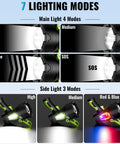 Rechargeable Spotlight 2,000,000 Lumen Handheld Searchlight with Foldable Tripod showing 7 lighting modes display.