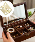 Open jewelry box with gold 50 Piece Mini Hinges Set For Craft Cabinets And Jewelry Boxes With 200 Screws Gold Finish Flat Butt Hinges