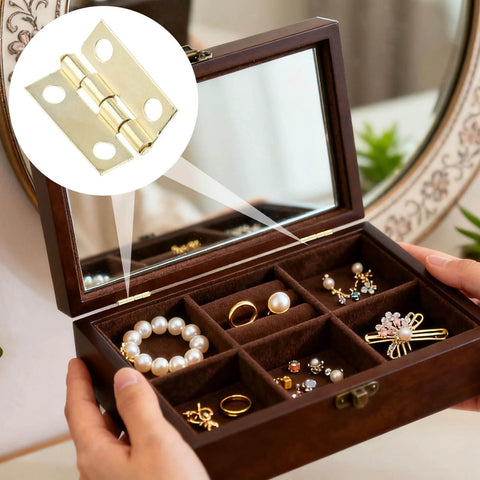 Open jewelry box with gold 50 Piece Mini Hinges Set For Craft Cabinets And Jewelry Boxes With 200 Screws Gold Finish Flat Butt Hinges