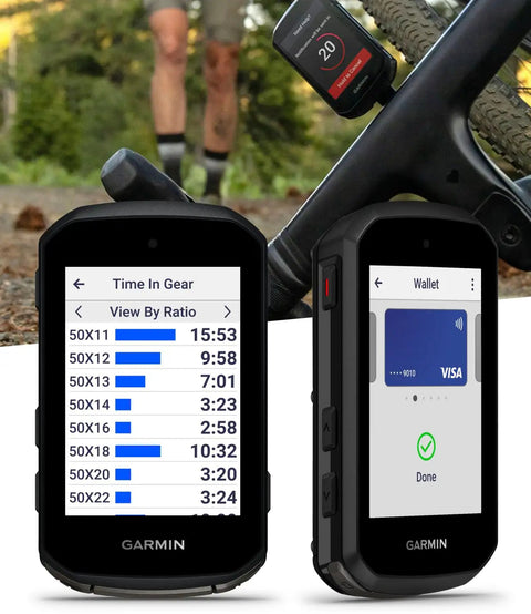 Edge 850 Compact GPS Cycling Computer With 2.7-Inch Vivid Color Touchscreen displaying gear ratio and payment screen, bike mount.