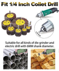 40 Pack One Quarter Inch Shank Abrasive Flap Wheel Sander Set, shown with drill and applications on metal and wood.