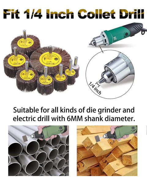 40 Pack One Quarter Inch Shank Abrasive Flap Wheel Sander Set, shown with drill and applications on metal and wood.