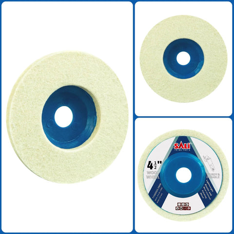 SALI 4.5-inch wool felt polishing wheel disc for angle grinder, blue center hub, front view
SALI 4.5-inch wool felt polishing wheel disc with blue center hub, close-up view
SALI 4.5-inch wool felt polishing wheel disc with blue center hub, packaging label visible