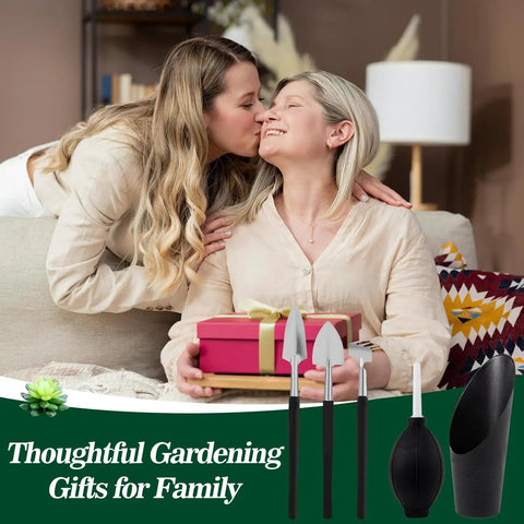 Two women on a couch with a gift box, next to Beginner Friendly Gardening Tools Kit For Women, 20 Piece Indoor Succulent And Bonsai Care Set with mini shovel and spade.