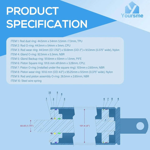 Technical diagram of Universal Fit 4.0 Inch Bore By 1.75 Inch Rod Hydraulic Log Splitter Cylinder Rebuild Seal Kit