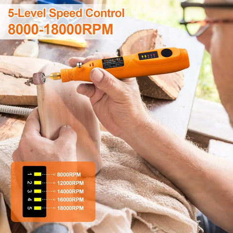 User operating Hella Precise Mini Cordless Rotary Tool Kit With 105 Pieces Variable Speed Micro Drill Grinder for wood polishing.
