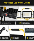 Heavy Duty Led Work Light With Beefy Telescoping Tripod, 30000 Lumens, Three Pivotable Heads, Waterproof Housing, And Badass 16 Ft Power Cable For Projects showcasing individual push buttons and bright LED beads.