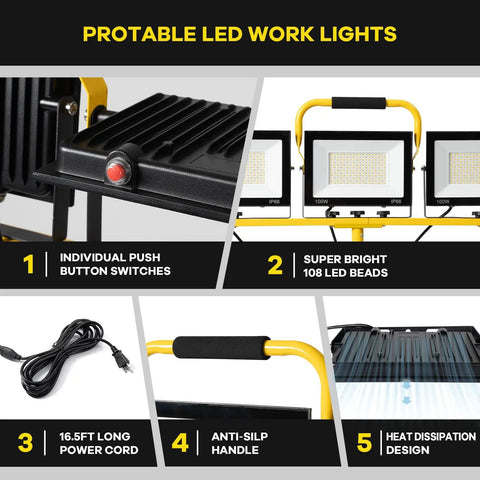 Heavy Duty Led Work Light With Beefy Telescoping Tripod, 30000 Lumens, Three Pivotable Heads, Waterproof Housing, And Badass 16 Ft Power Cable For Projects showcasing individual push buttons and bright LED beads.