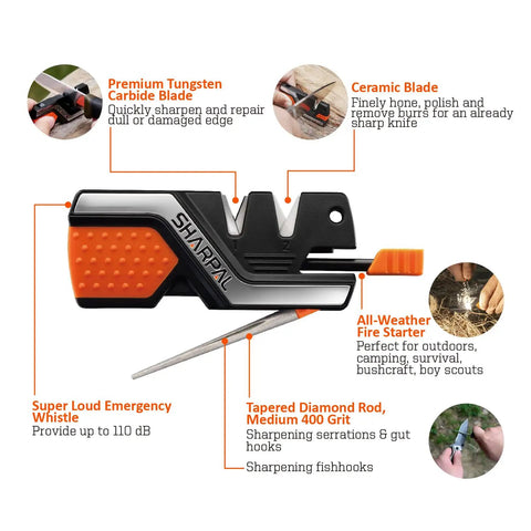 Six In One Pocket Knife Sharpener And Survival Tool With Diamond Rod Sharpening, Fire Starter Ferro Rod, Whistle, And Serrated Blade Hones For Quick Repair Of Knives Outdoors Gear Gift For Campers And Survivalists