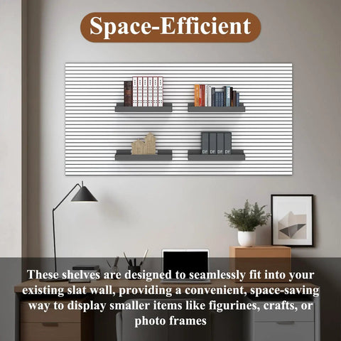 Heavy Duty Slatwall Shelves And Baskets Set 13 By 6 Inch Metal Wall Display Racks For Storage And Organization Rust Resistant Black Finish shown installed with books and decor