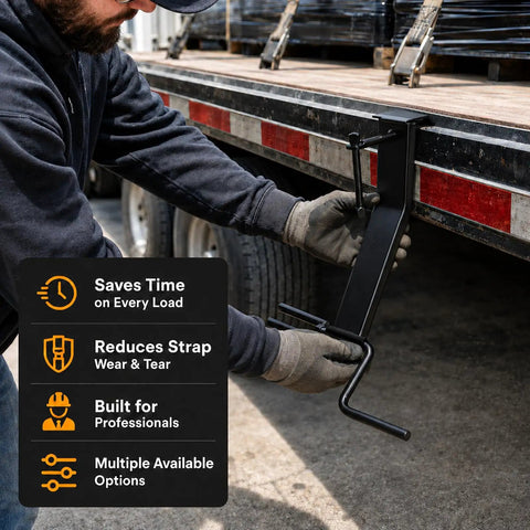 Heavy Duty Cargo Tie Down Strap Winder for Roll Up Flatbed Winch Straps Up To 4 Inches, man using black steel winder on trailer