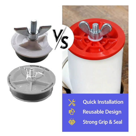 2 Inch Mechanical Test Plug For Pressure Testing And Temporary Sealing End Of Pipe Gripper Kit 2 Pack Pro Grade Durable ABS Body With Natural Rubber O Ring For Reusable Drain And Vent System Maintenance, shown in pipe comparison
