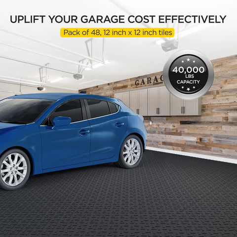 Interlocking Garage Floor Tiles Pack Of 48 in a garage with a car, Antislip Oil And Stain Resistant, 12x12 Inch, 0.5 Inch Thick, 40,000 Lbs Load Capacity