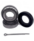 Front view of trailer bearing kit 30205 with seal, 30x52x10 mm; gray metal bearings and black seal, cotter pin included.