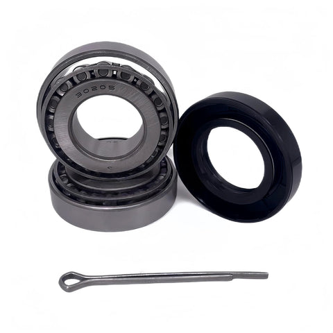 Front view of trailer bearing kit 30205 with seal, 30x52x10 mm; gray metal bearings and black seal, cotter pin included.