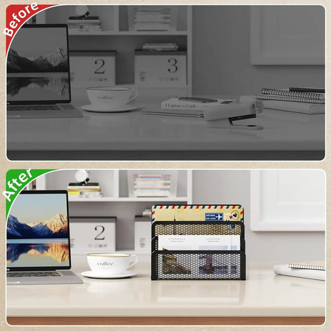 Before and after use of Three Compartment Metal Mesh Mail Organizer For Letters Folders And Office Supplies Desktop Mail Sorter.