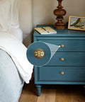 Durable Zinc Alloy Vintage Cabinet Knobs Five Pack - Antique Brass Drawer Pulls Art Deco Star Detail 1 1/8 Inch on blue nightstand.