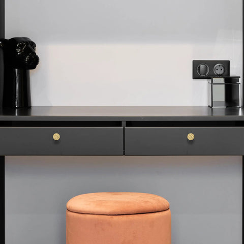 Front view of black desk with Two Dope Gold Cabinet Knobs Hammered Solid Brass Round Drawer Pulls And Handles