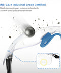 Top Shelf Six Pack Safety Glasses Delivering Unbeatable Uv Defense Ansi Z87 Approved Shatter Resist Lenses Scratch Proof Clarity Comfort Fit Nose Shields For Any Work Grind Sleek Blue Temples with impact ball demo on clear lenses.