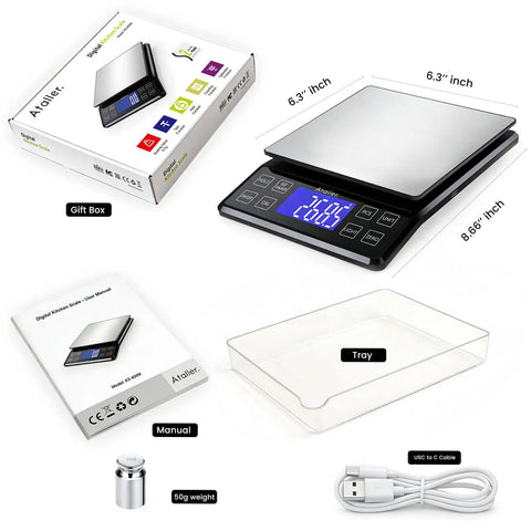 High Precision 5Kg Kitchen Scale With 0.1g Readings, Pro Grade Multifunctional Food Scale, USB cable, tray, manual, weight