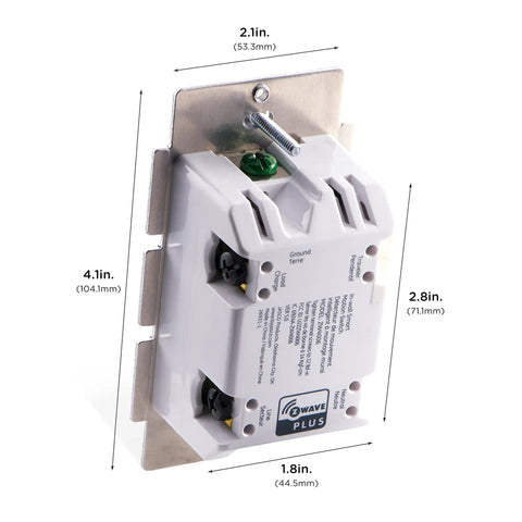 Back view of Z Wave Smart Motion Sensor Light Indoor with dimensions shown, including necessary wiring and compact design.