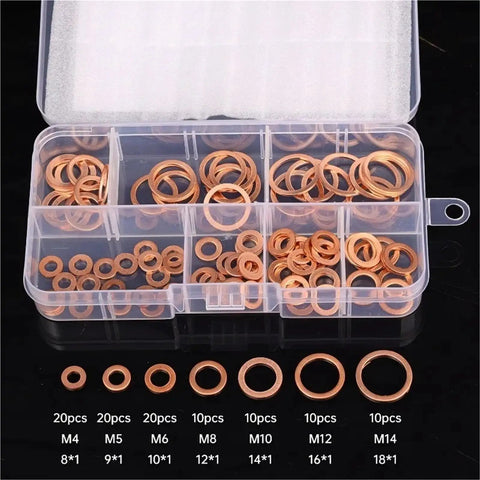 Flat Copper Washer Kit With Oil Drain Plug Gaskets Universal Sump Seal Rings Fits Most Car Engines Ensuring Heat Resistant Sealing To Stop Oil Leaks Fast And Keep the Ride Running Smoothly For Years With a Snug Fit., assorted M4-M14 copper washers in plastic case
