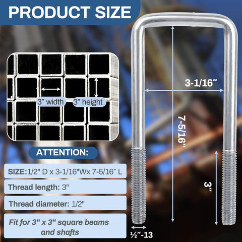 Four Sets Of 304 Stainless Steel Square U Bolts With Nuts And Washers, Half Inch Diameter By Three Inch Wide By Seven And Five Sixteenths Inch Long, Ideal For Boat Trailers And Automobiles Ski Boats, showing dimensions and fit.