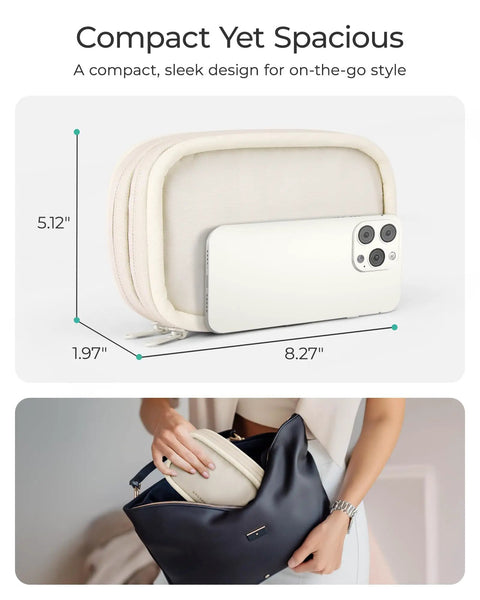 On The Go Electronics Organizer Travel Case With Two Layer Cord Organizer And Seven Mesh Pockets Beige shown with phone for scale, fitting into handbag.