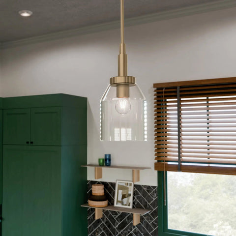 Top Shelf Champagne Bronze Mini Pendant Light With Clear Glass Shade For Kitchen Island, 15-inch fixture with adjustable drop chain.