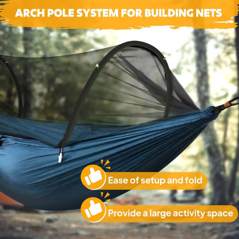 Ultra Light Travel Hammock With Pop Up Net 660Lb Capacity Breathable Quick Dry Parachute Nylon with arch pole system setup