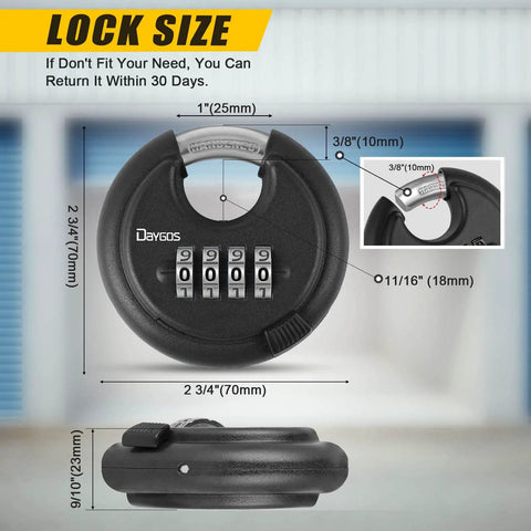 Rugged Outdoor Combination Disc Padlock With Four Digit Code Heavy Duty Weatherproof Rustproof Lock For Storage Units Gates Fences And Trailers Black Three Eighth Inch Shackle