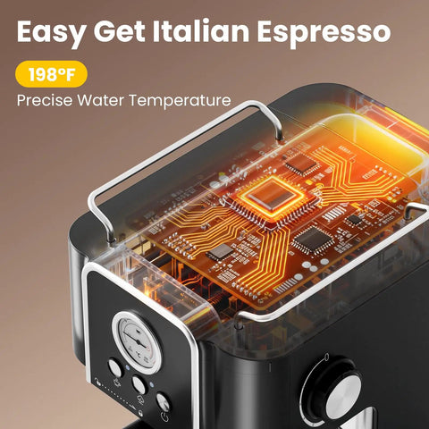 Professional 20 Bar Espresso Coffee Maker With Built In Steam Wand And Silky Milk Frother, top view showing circuit board and temperature gauge.