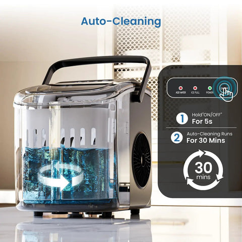 Countertop Ice Maker With Handle Delivers 9 Bullet Ice Cubes In 6 Minutes, Up To 26 Lbs Per Day, showing auto-cleaning feature