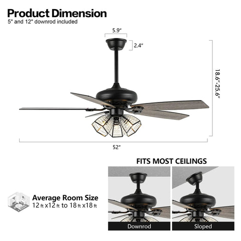 Crystal 52 Inch Ceiling Fan With Lights Remote Slick 6 Speed DC Motor Farmhouse Caged Design Black Finish dimensions
