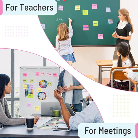 3x3 Inch Sticky Notes Bulk Pack With Eight Color Pads, 800 Sheets Total in use for teachers and meetings on boards