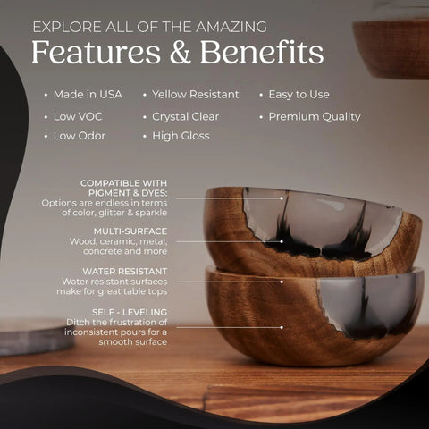 2 Gallon Epoxy Resin Kit for Table Tops and Bar Tops Easy 1 to 1 Mixing Food Safe DIY Coatings Crystal Clear Finish for Countertops Art Projects and Home Decor features graphic with resin bowl on wood table