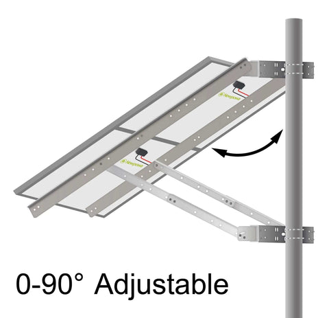 Universal Solar Panel Dual Arm Mount Kit with support pole, 0 to 90 degree tilt, attached to pole, aluminum, fits up to 400W panels.