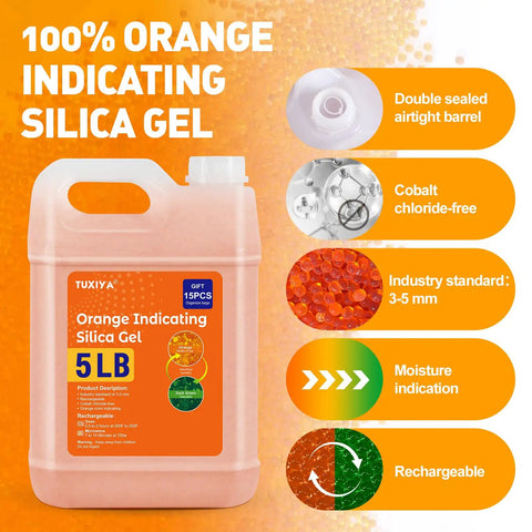 Heavy Duty 5 LBS Orange Indicating Silica Gel Desiccant Beads reusable moisture absorber in airtight barrel for storage.