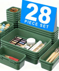 Military Grade Drawer Organizer Set With 177 Item Capacity, 28 Piece 5 Sizes In Green stacked with makeup and office supplies