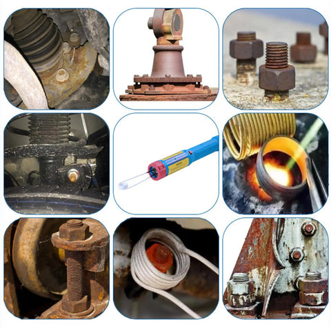 Heavy Duty 1000W Flameless Handheld Induction Bolt Extractor With Eight Spare Coils, shown in use on rusted automotive components.