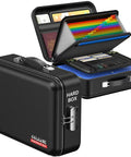 Hard Shell Fireproof Document Safe Box With Lock Waterproof Fire Resistant Storage For Important Papers Passports Certificates And Laptop Black Tough As Nails Organizer For Home And Office, open compartments with papers and devices visible.