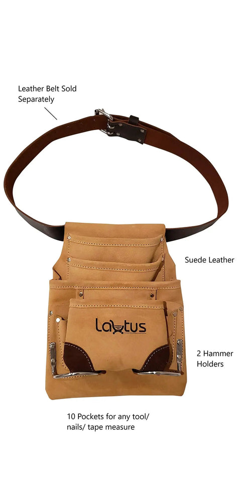 Genuine Suede Leather Tool Pouch Bag With 2 Hammer Holders And 10 Pockets For Carpenters Construction Framers And Handymen Fits Up To Two And A Half Inch Tool Belts