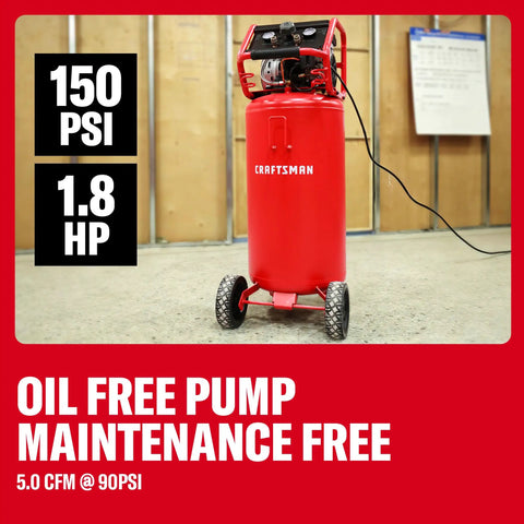 Craftsman Oil Free Portable Air Compressor 26 Gallon Tank 150 PSI Max Industrial Grade Tool Powerful 5.0 CFM@90PSI High Performance Induction Motor Great For Home Shop Projects Heavy Duty Red