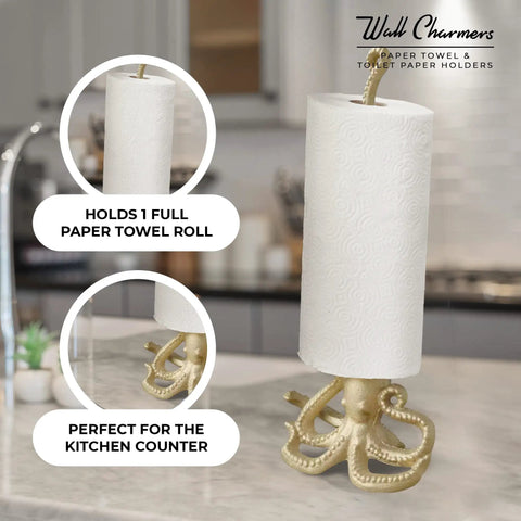 Gold Octopus Paper Towel Holder Made Of Metal Dope Yet Functional Toilet Paper Or Kitchen Paper Roll Stand For Floor Or Countertop Handcrafted 18.6 Inches Tall Decorative Yet Practical Accessory For Bathroom Or Kitchen on a countertop with a roll.
