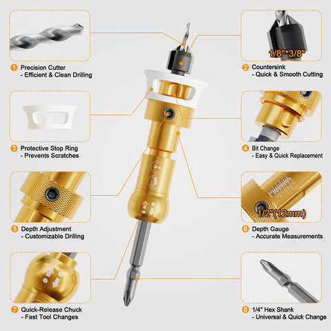 Heavy Duty 1/8X3/8 Countersink Drill Bit Kit With Phillips Driver showing precision cutter and adjustable depth gauge.