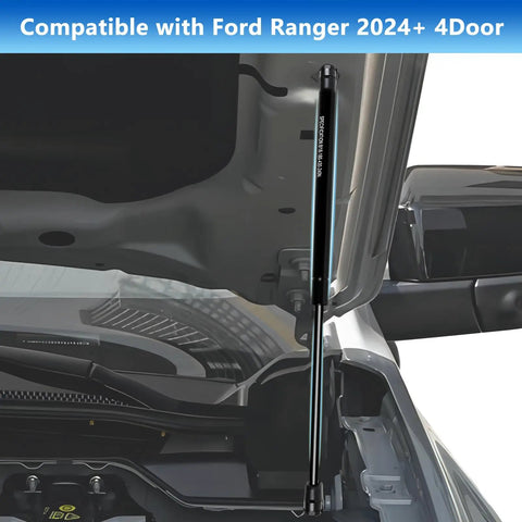 Ford Ranger Hood Struts Kit 2024 2025 2026 No Drill Hydraulic Lift Supports installed on engine bay
